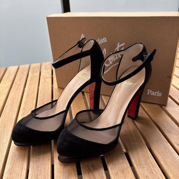 Christian Louboutin Suede Mesh Open-Toe Pumps - Picture 1 of 11